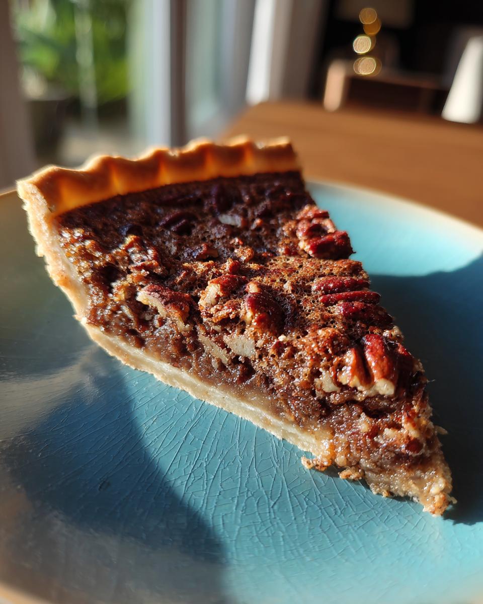 A slice of pecan pie, the dessert everyone asks for on holidays, on a blue plate.