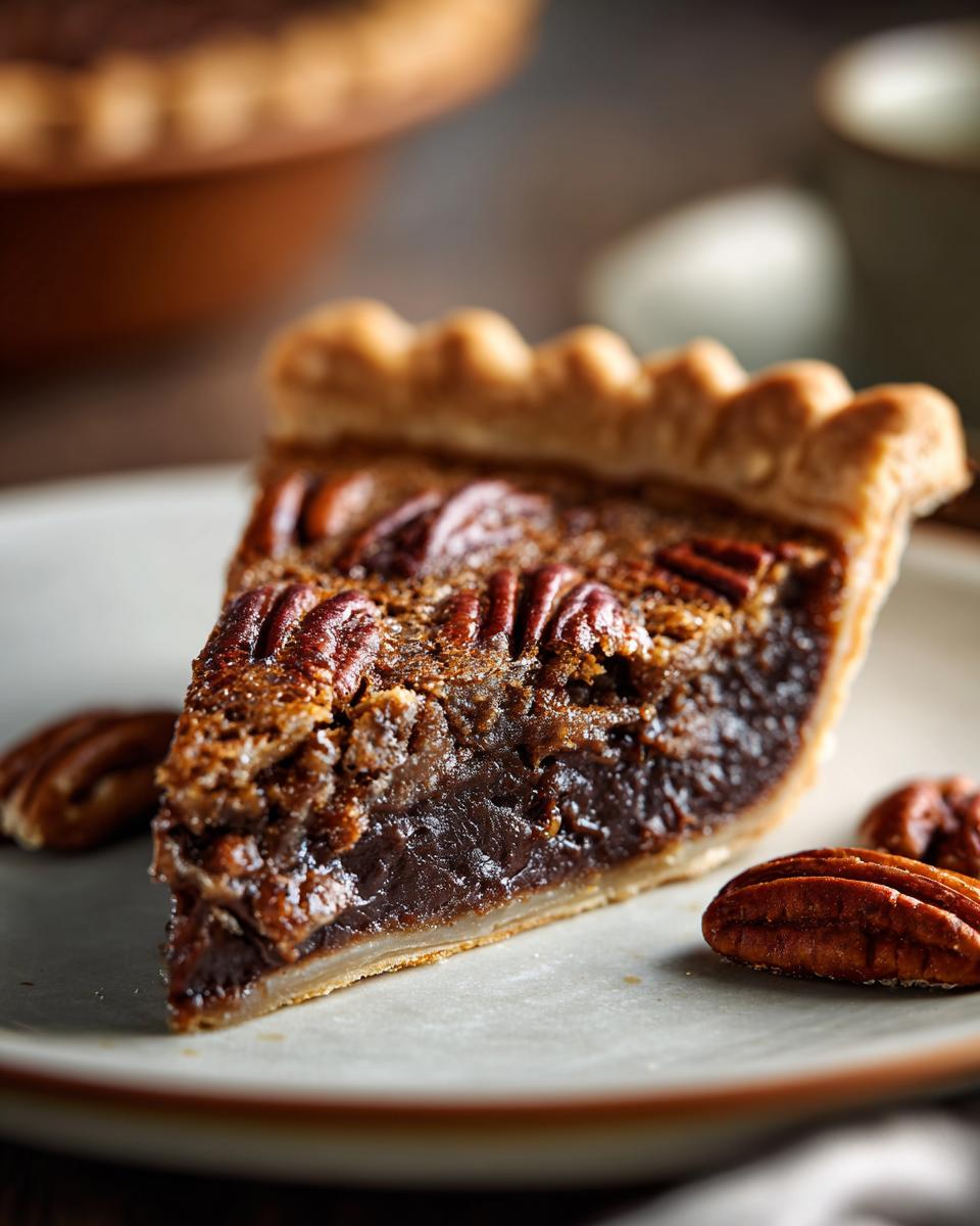 Close-up of a slice of pecan pie, the dessert everyone asks for on holidays, with pecans.