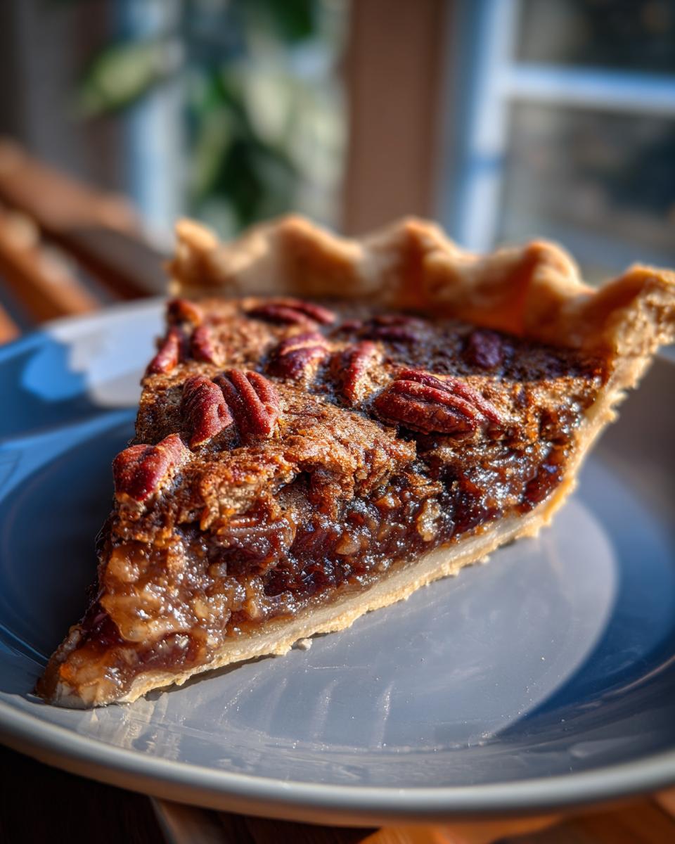 Close-up of a slice of pecan pie, the holiday dessert everyone asks for.