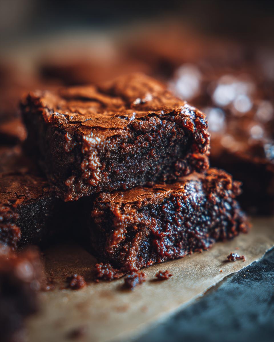 Close-up of freshly baked Rich, Fudgy, and Completely Irresistible brownies on parchment paper.