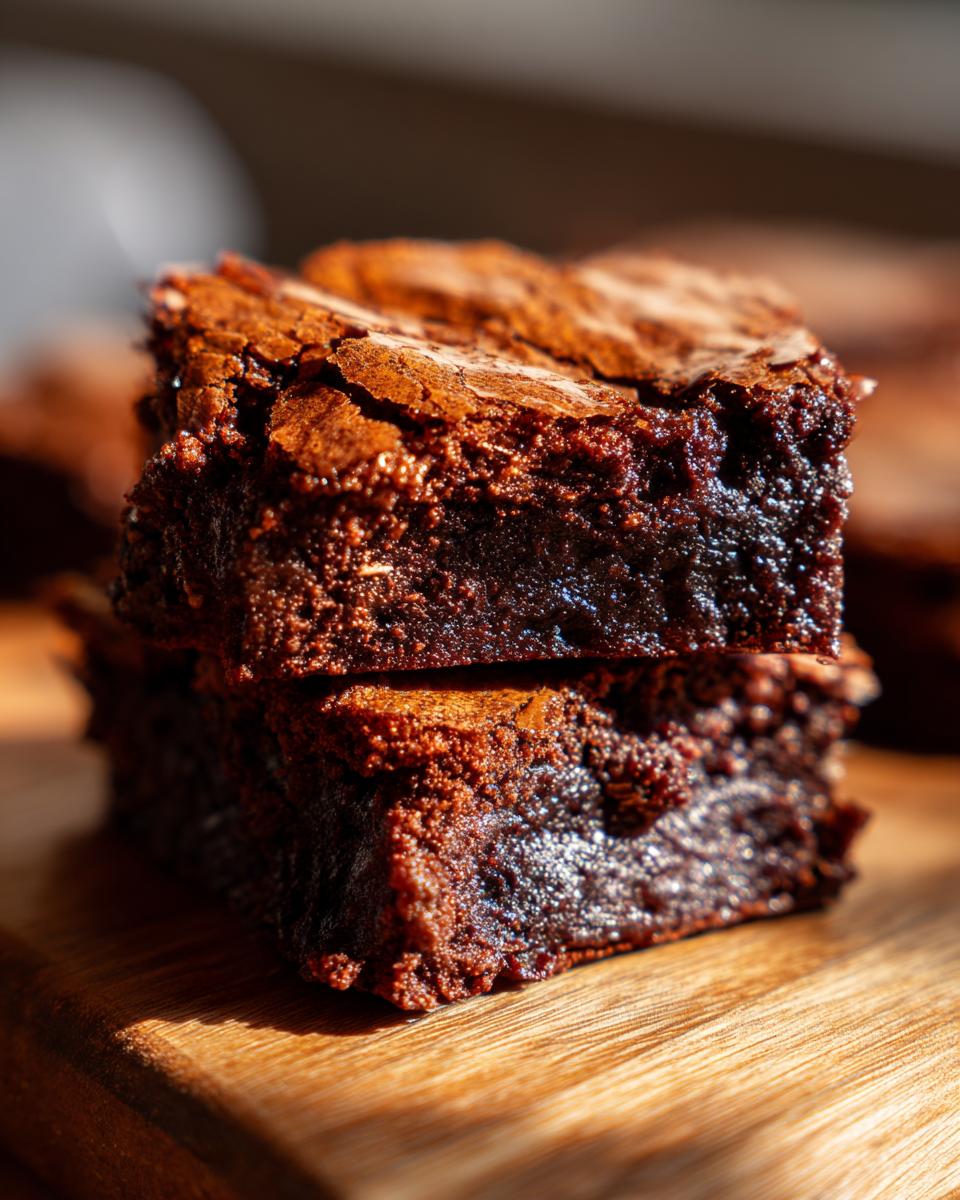 Close-up of stacked Rich, Fudgy, and Completely Irresistible brownies on a wooden surface.