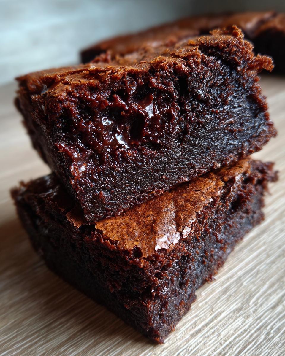 Close-up of two stacked Rich, Fudgy, and Completely Irresistible brownie squares.