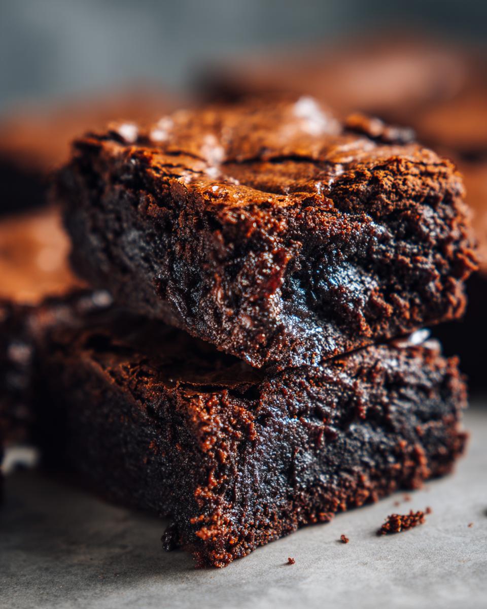 Close-up of two stacked Rich, Fudgy, and Completely Irresistible brownies, showing a fudgy texture.