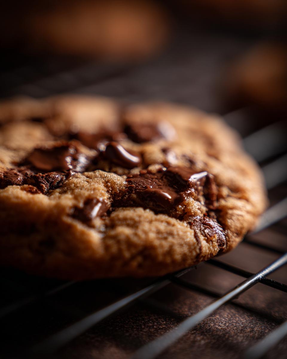 Close-up of a chocolate chip cookie on a cooling rack. These are Cookies That Get Softer Every Single Day!