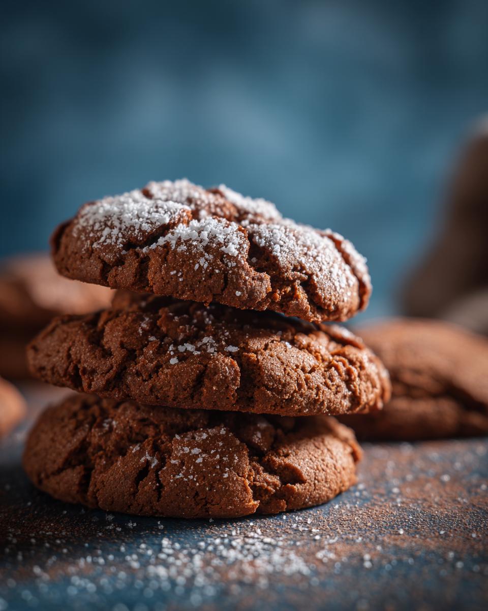 Close-up of a stack of soft cookies that get softer every day, dusted with powdered sugar.