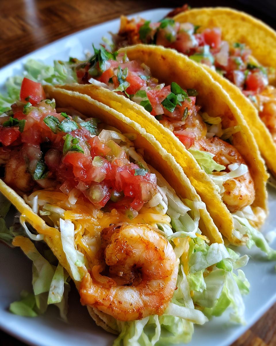 Close-up of three delicious spicy shrimp tacos with fresh salsa and lettuce.