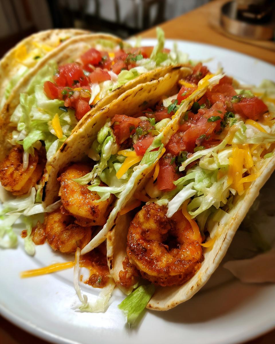 Close-up of three delicious Spicy Shrimp Tacos, filled with shrimp, lettuce, tomatoes, and cheese.