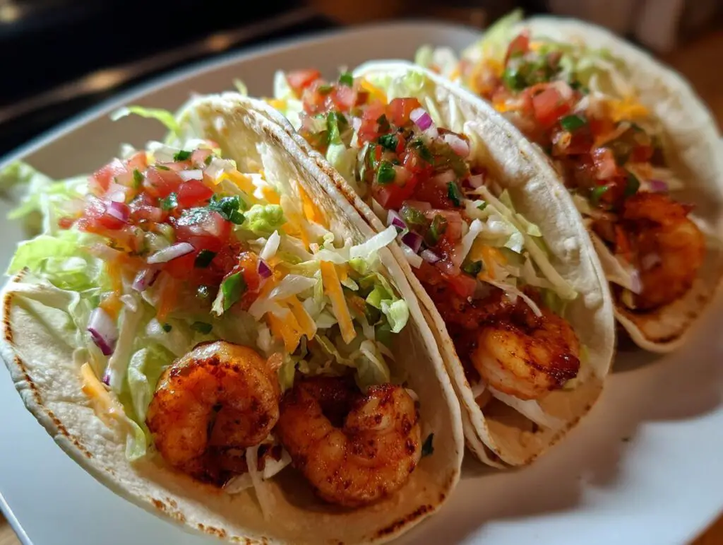 Close-up of three delicious spicy shrimp tacos, ready to eat. One bite and you'll understand the hype!