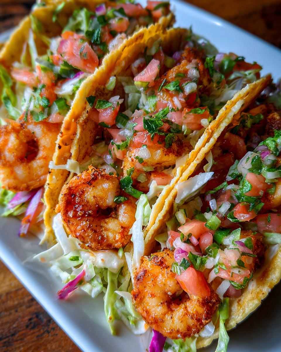 Close-up of three delicious spicy shrimp tacos, ready to eat. One Bite and You’ll Understand the Hype!