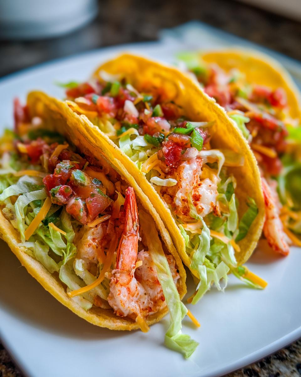 Close-up of three delicious spicy shrimp tacos with fresh toppings, ready to eat.