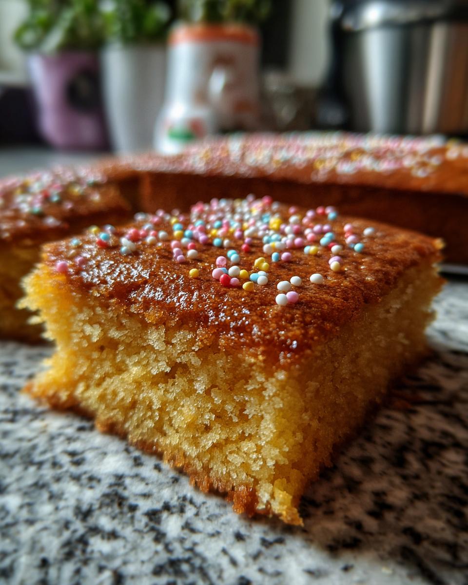Close-up of a slice of the easiest sweet treat on Facebook, topped with colorful sprinkles.