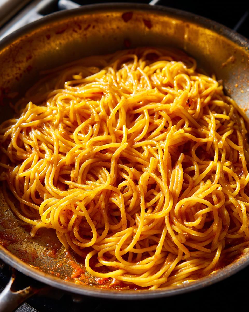 Close-up of spaghetti cooked in a pan using the viral pasta hack.