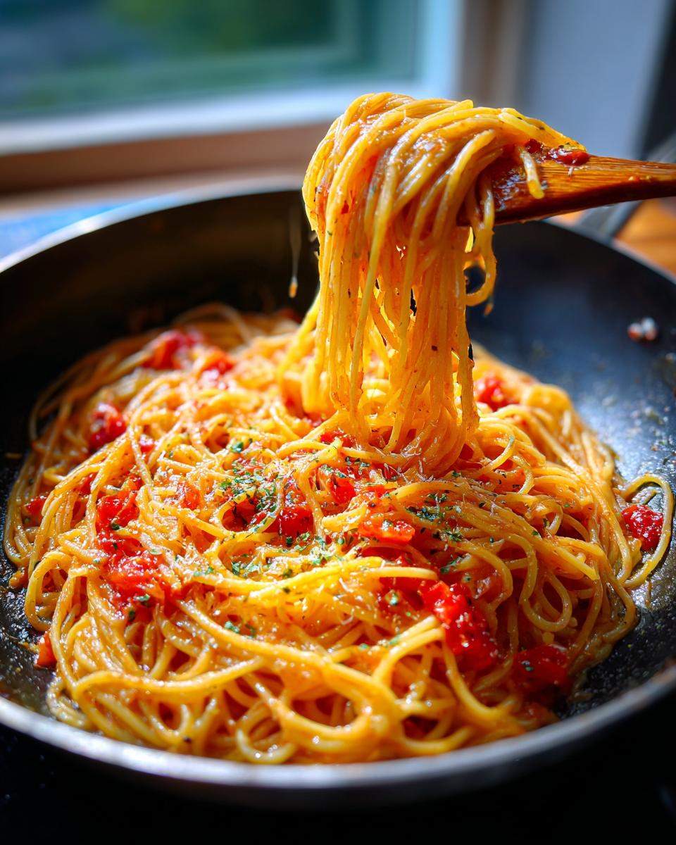 Close-up of spaghetti with tomato sauce, showcasing the viral pasta hack.