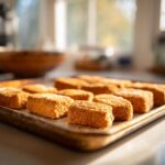 Close-up of baked 3-ingredient tuna cat treats on a baking tray, ready to be served.