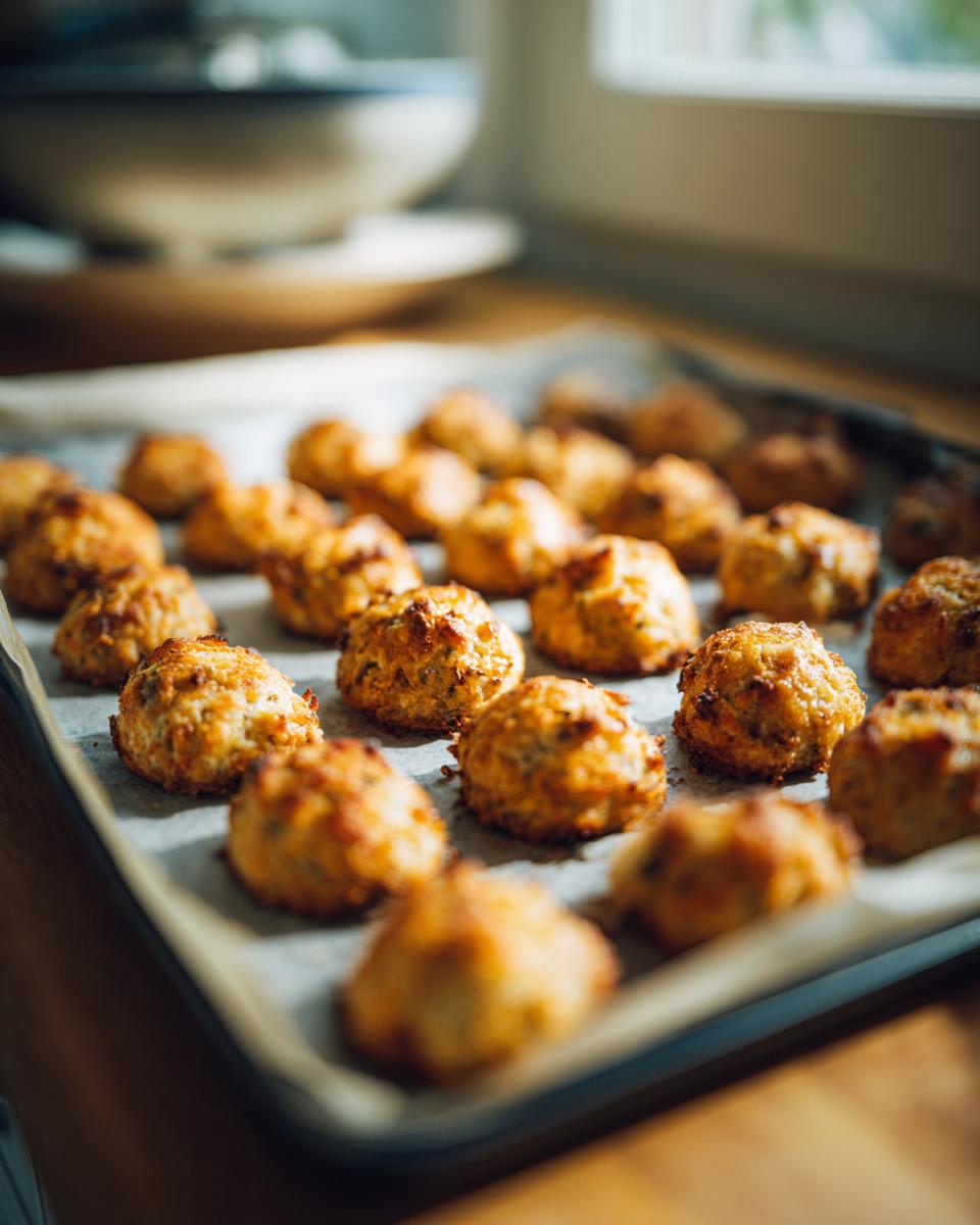 Close-up of freshly baked 3-Ingredient Tuna Cat Treats on a baking sheet, ready to be enjoyed.