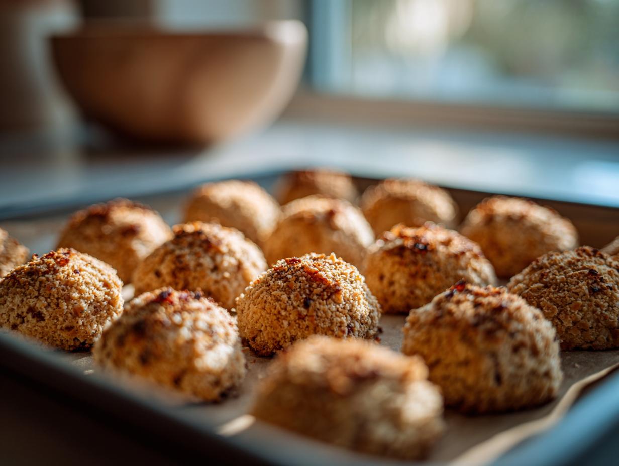 Close-up of freshly baked 3-ingredient tuna cat treats on a baking sheet.