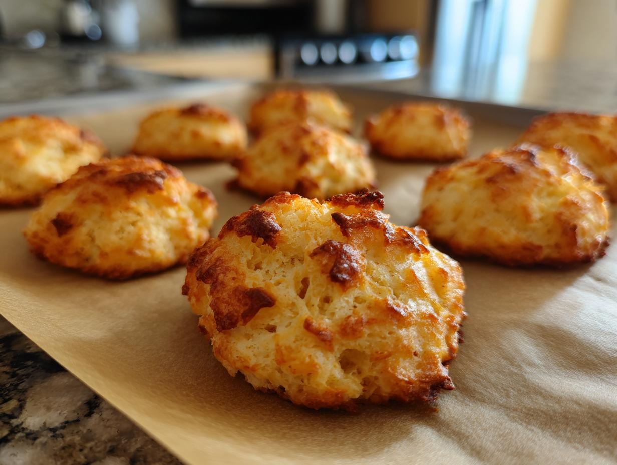 Close-up of freshly baked 3-ingredient tuna cat treats on a baking sheet.