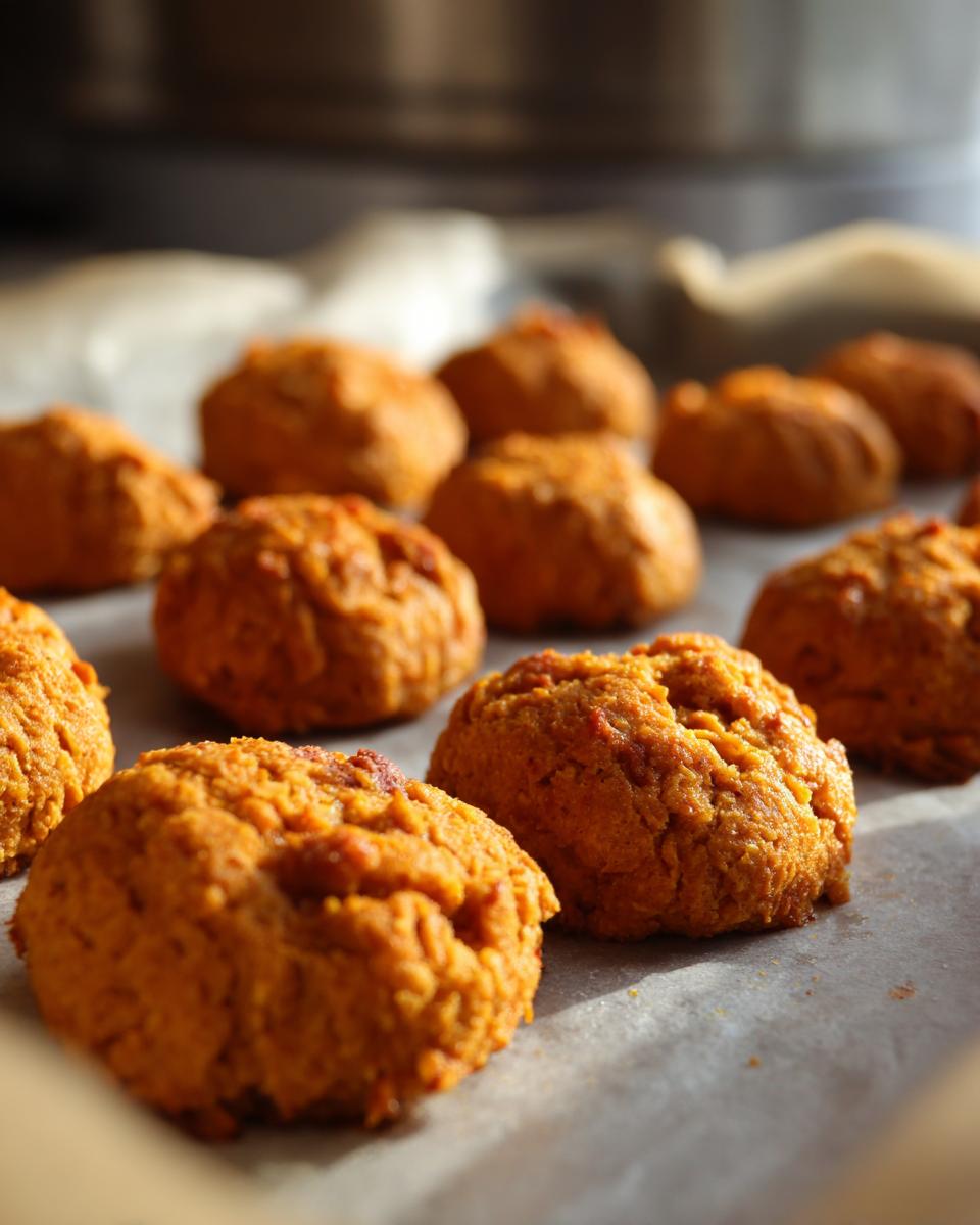 Close-up of freshly baked 4-Ingredient Tuna & Pumpkin Cat Bites on a baking sheet.