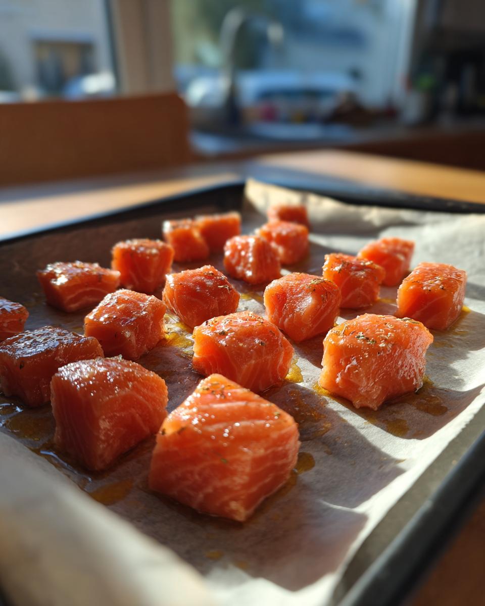 Amazing 1-Ingredient Baked Salmon Cat Bites 7 Close-up of Baked Salmon Cat Bites on a baking sheet, ready to be served.