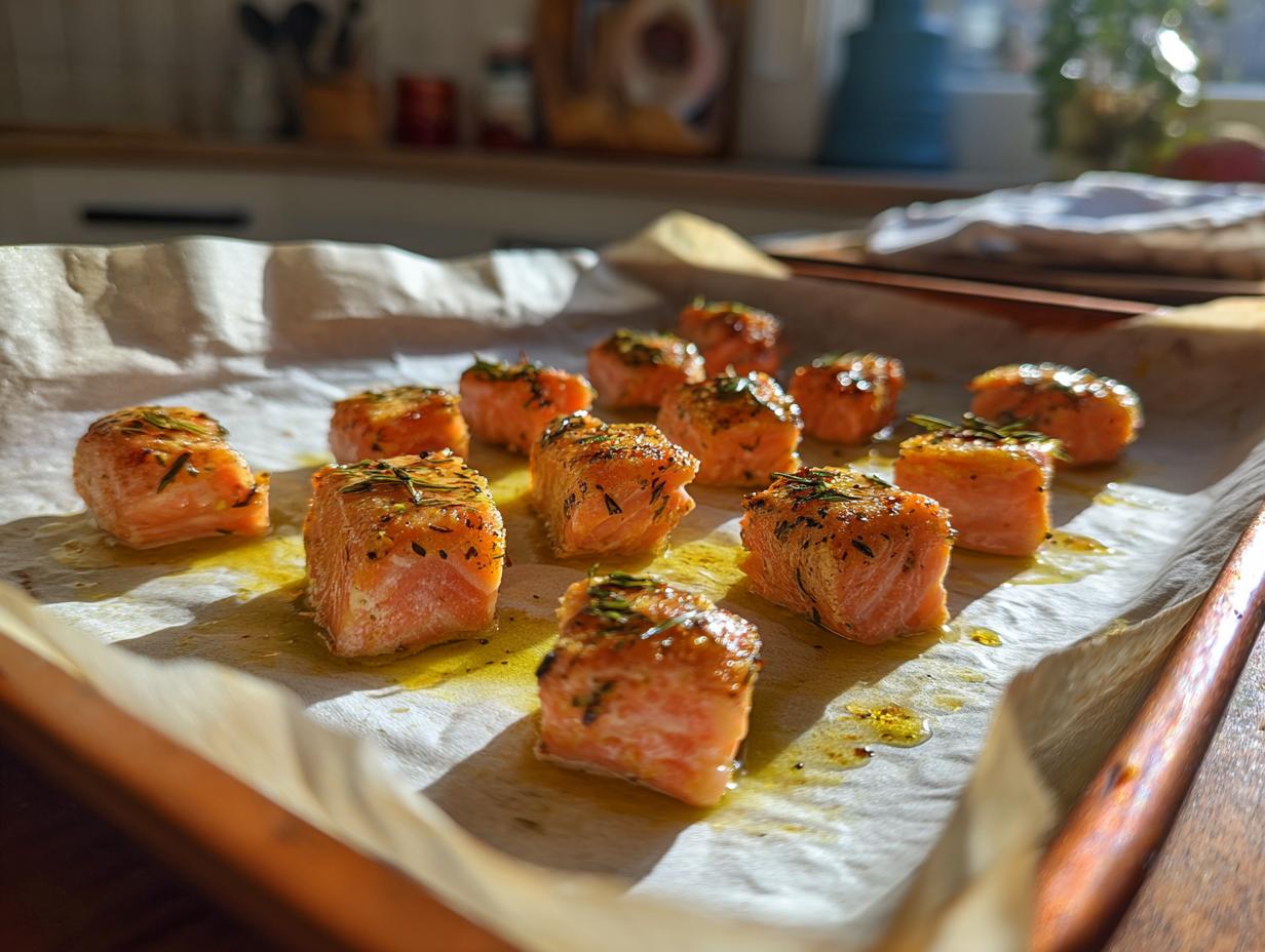 Amazing 1-Ingredient Baked Salmon Cat Bites 6 Close-up of freshly baked Salmon Cat Bites on parchment paper.