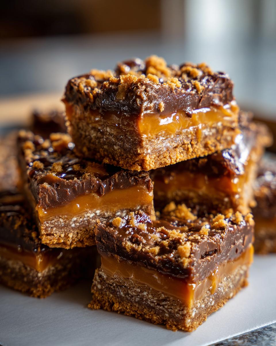 Close-up of stacked Biscoff Caramel Sticky Toffee Bars, showing layers of toffee, caramel, and chocolate.