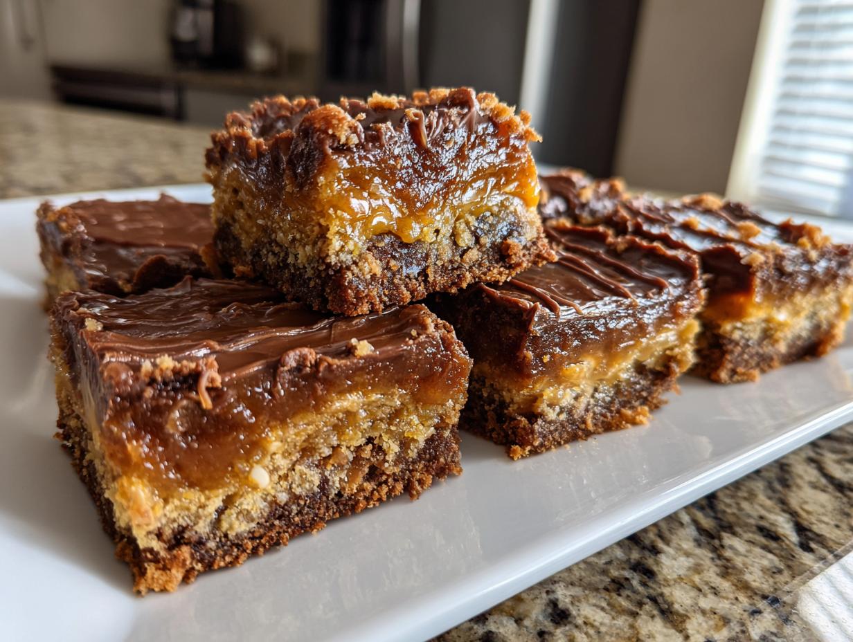 Close-up of Biscoff Caramel Sticky Toffee Bars on a white plate, showing layers of toffee and chocolate.
