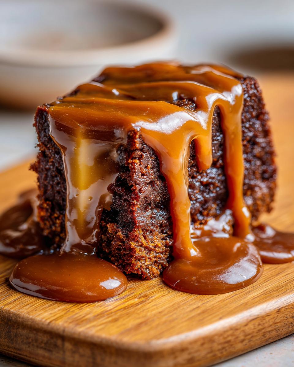 Close-up of Biscoff Sticky Toffee Pudding slice with caramel sauce drizzled over it.