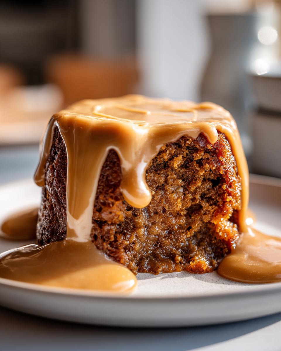 Close-up of Biscoff Sticky Toffee Pudding drizzled with caramel sauce on a plate.