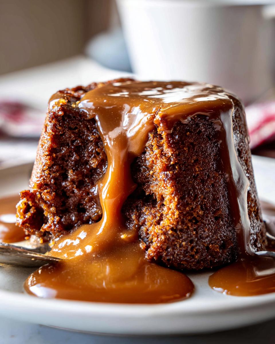 Close-up of Biscoff Sticky Toffee Pudding with caramel sauce dripping down the sides.