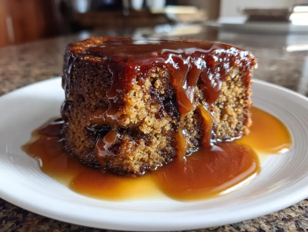Close-up of a slice of Biscoff Sticky Toffee Pudding drizzled with caramel sauce on a white plate.