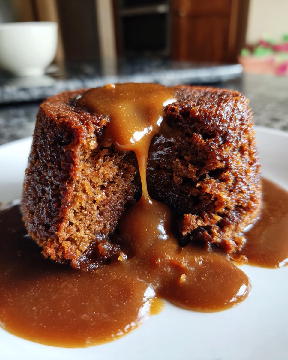 Close-up of Biscoff Sticky Toffee Pudding with caramel sauce dripping down, showcasing the Biscoff Sticky Toffee Pudding Decadence.