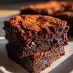 Close-up of two brownies, showcasing crisp edges and thick, fudgy centers. The perfect brownies!