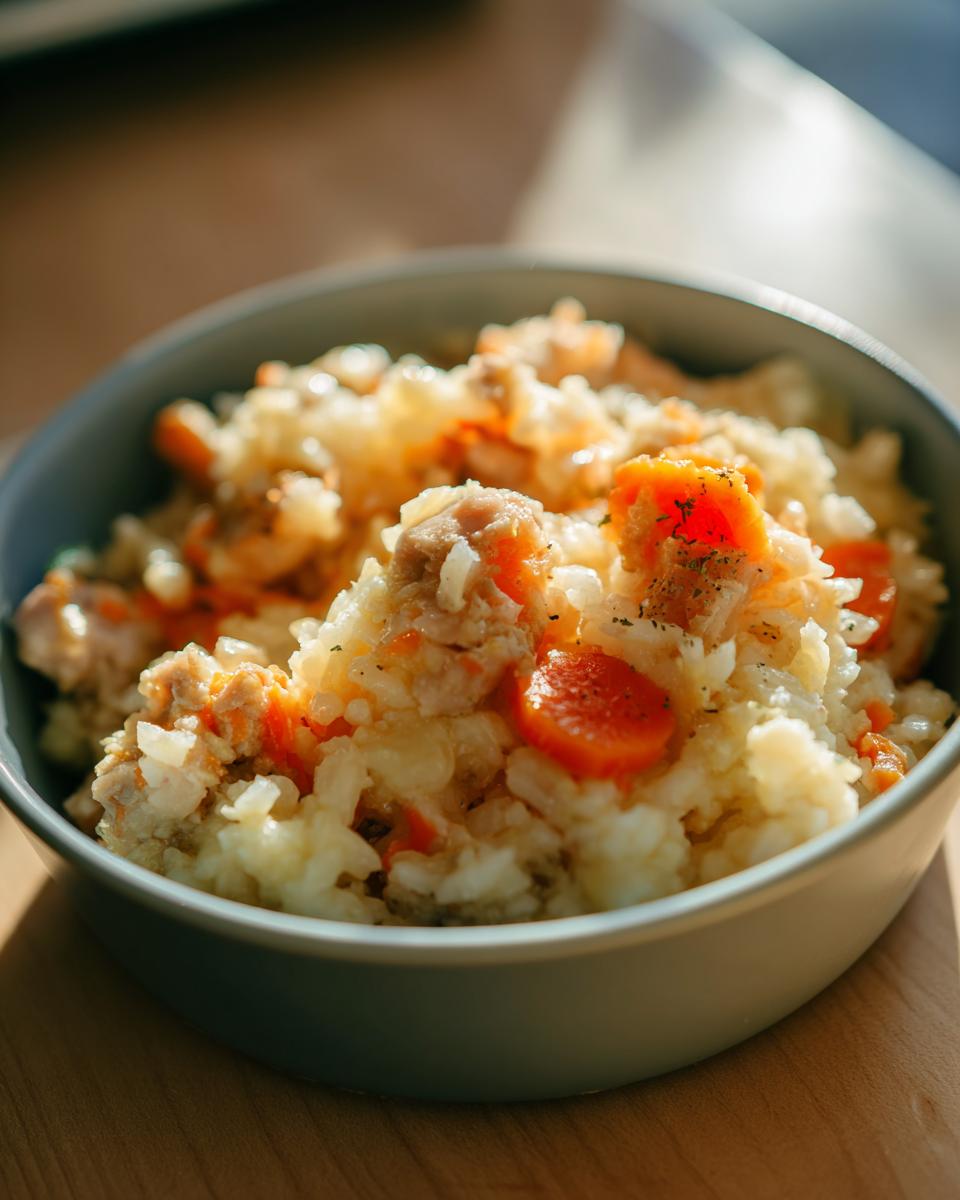 Close-up of a bowl filled with Budget Homemade Cat Food, including rice and carrots.