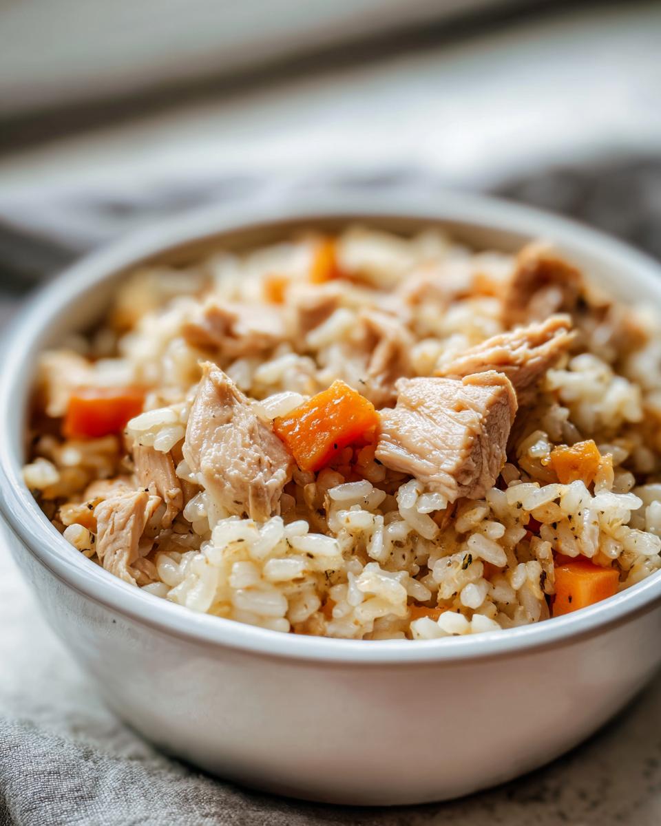 Close-up of a bowl of Budget Homemade Cat Food with chicken, rice, and carrots.