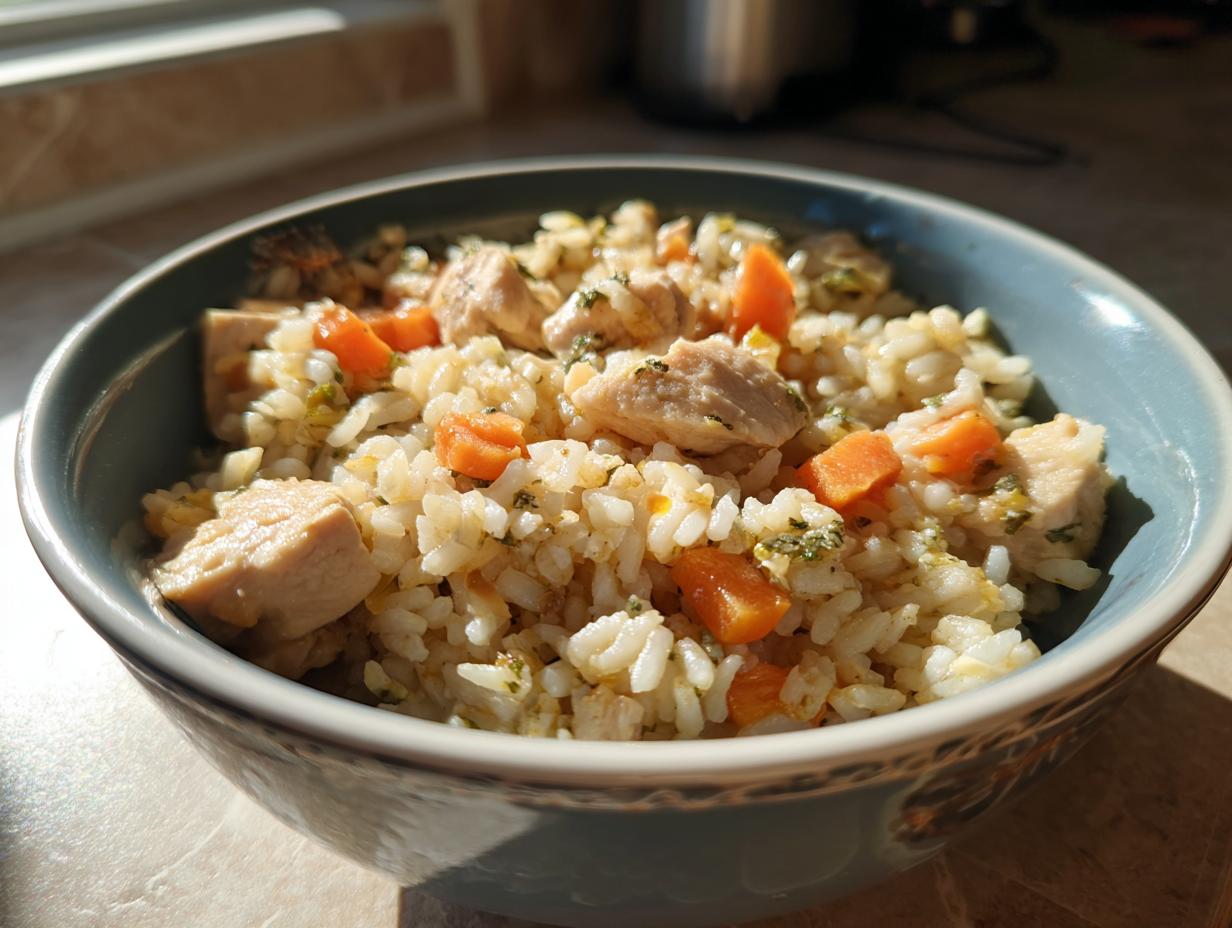 A bowl of homemade cat food with chicken, rice, and carrots. This is a recipe for budget homemade cat food.