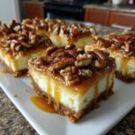 Close-up of Caramel Pecan Cheesecake Bars with a drizzle of caramel.