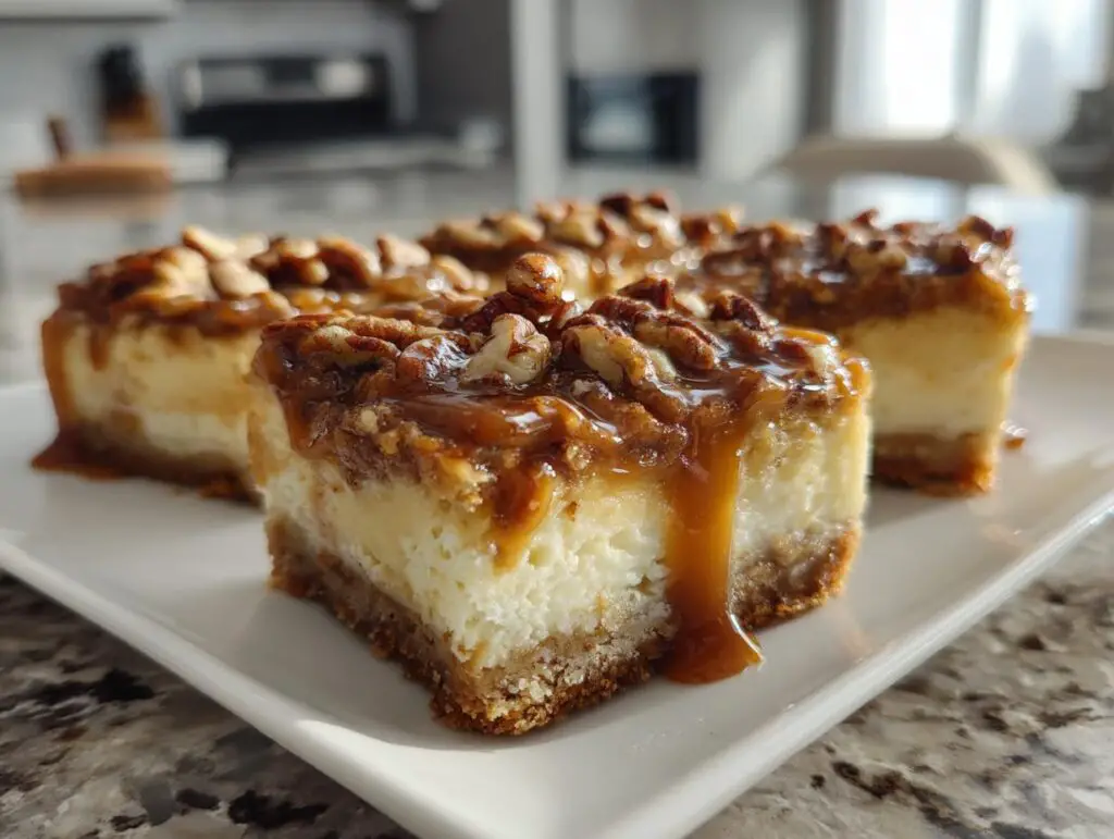 Close-up of Caramel Pecan Cheesecake Bars with a shortcut crust, drizzled with caramel and topped with pecans.