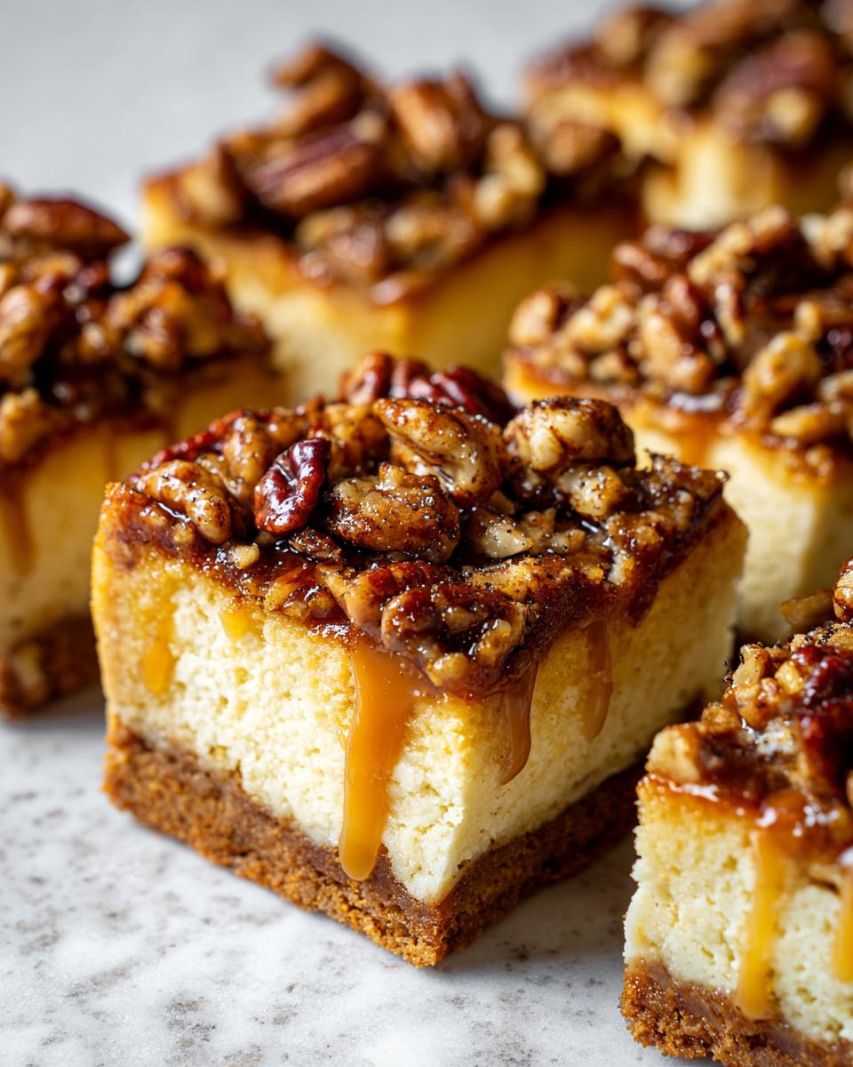 Close-up of Caramel Pecan Cheesecake Bars with a shortcut crust, caramel drizzle, and pecan topping.