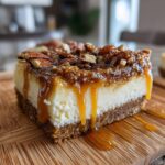 Close-up of a Caramel Pecan Cheesecake Bar slice with caramel dripping.