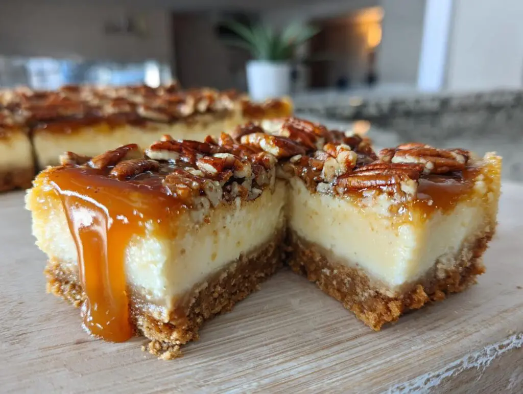 Close-up of a slice of Caramel Pecan Cheesecake Bars with caramel drizzle and pecans.