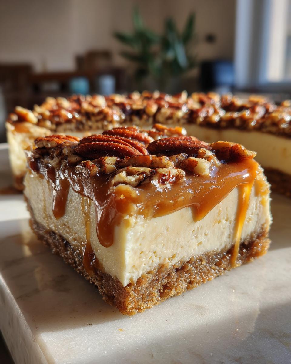 Close-up of a slice of Caramel Pecan Cheesecake Bars with caramel drizzle and pecans.