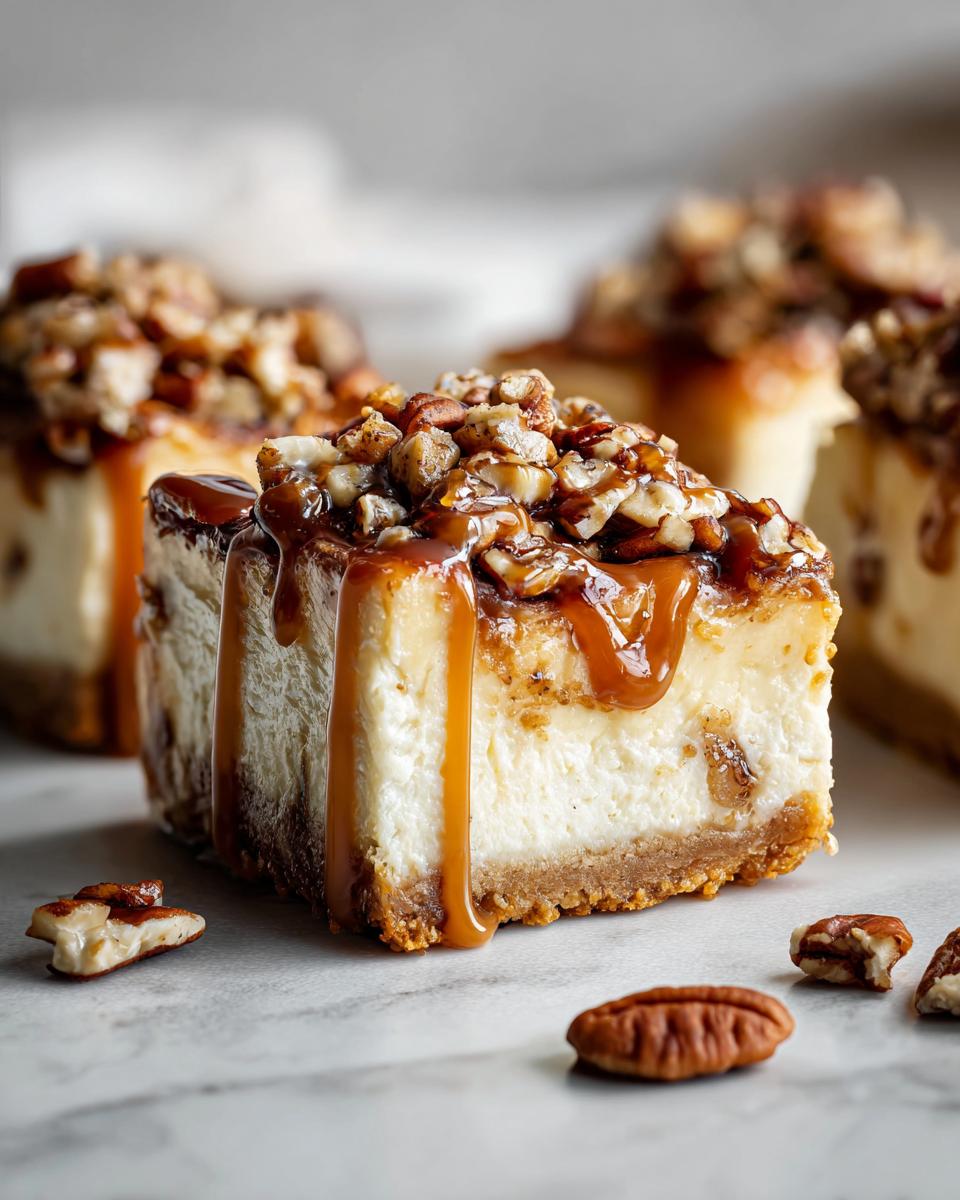 Close-up of a slice of Caramel Pecan Cheesecake Bars with caramel drizzle and pecan topping.