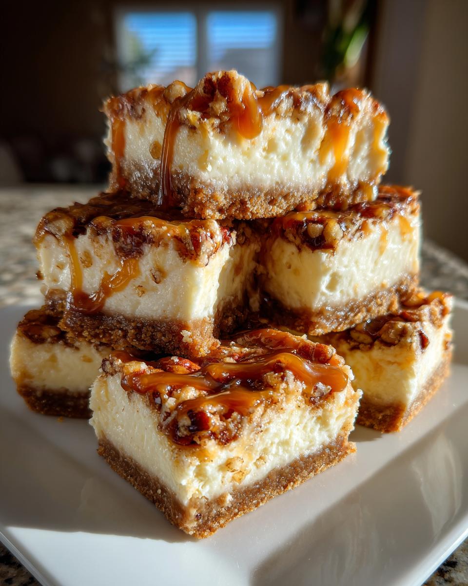 Close-up of a stack of Caramel Pecan Cheesecake Bars drizzled with caramel sauce on a white plate.