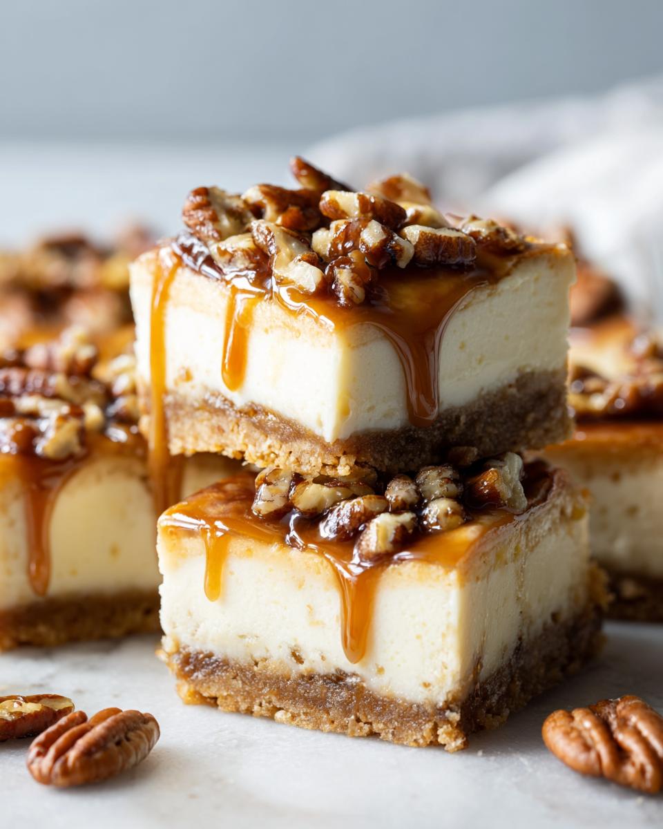 Close-up of stacked Caramel Pecan Cheesecake Bars with caramel drizzle and pecans.