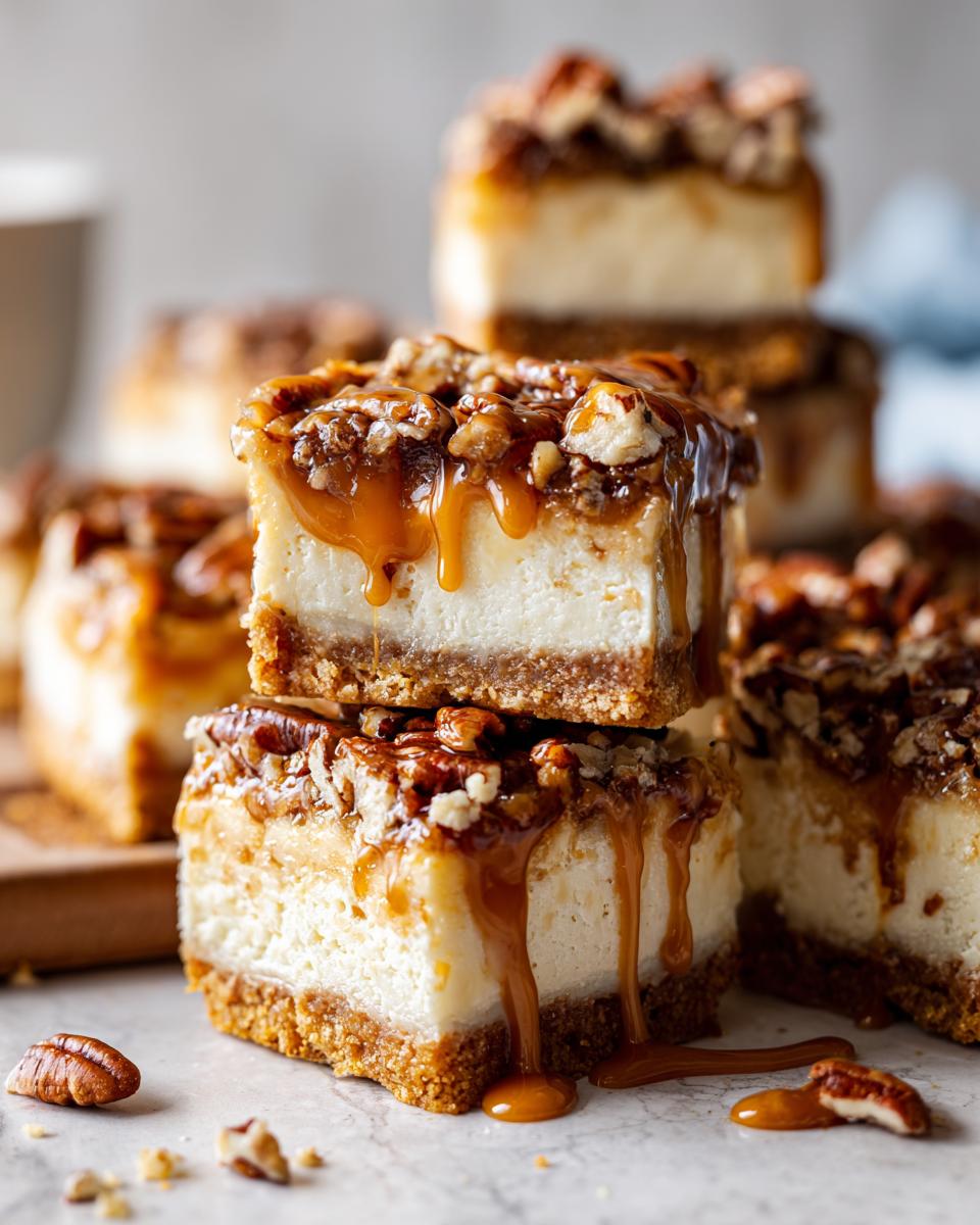 Close-up of stacked Caramel Pecan Cheesecake Bars with caramel drizzle.