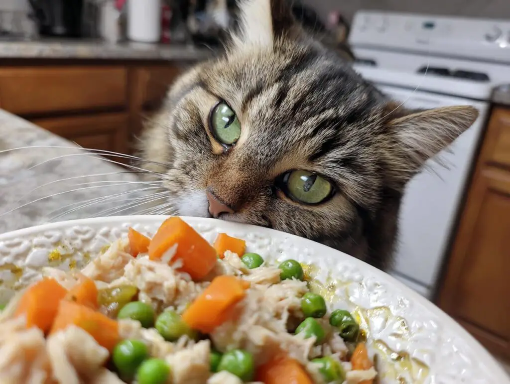A cat looking intently at a plate of a healthy indoor cat meal with peas and carrots.