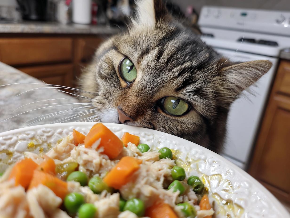 Amazing Healthy Indoor Cat Meal You'll Love 6 A cat looking intently at a plate of a healthy indoor cat meal with peas and carrots.