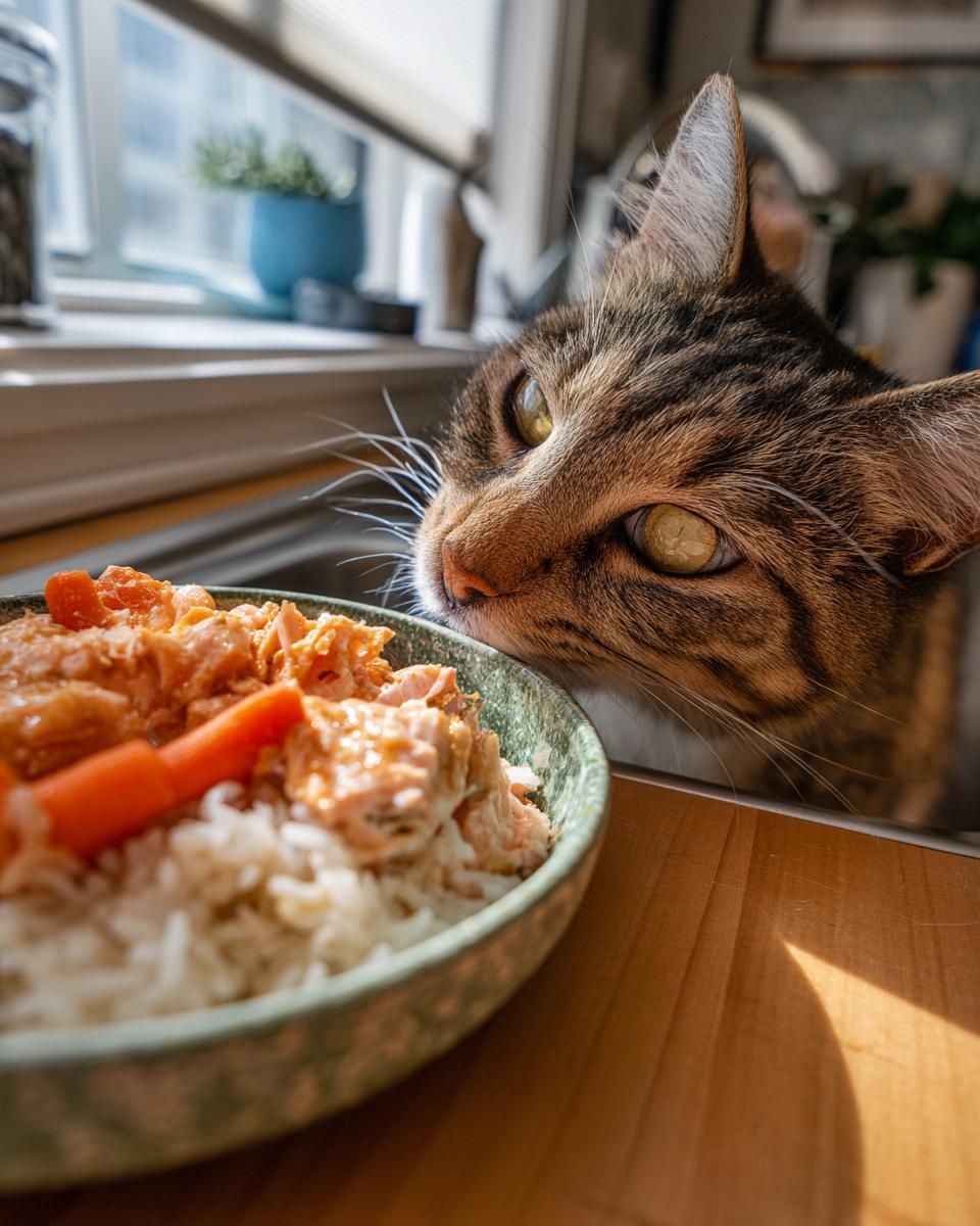 A cat looking intently at a Fresh Fish Cat Bowl filled with fish and rice.
