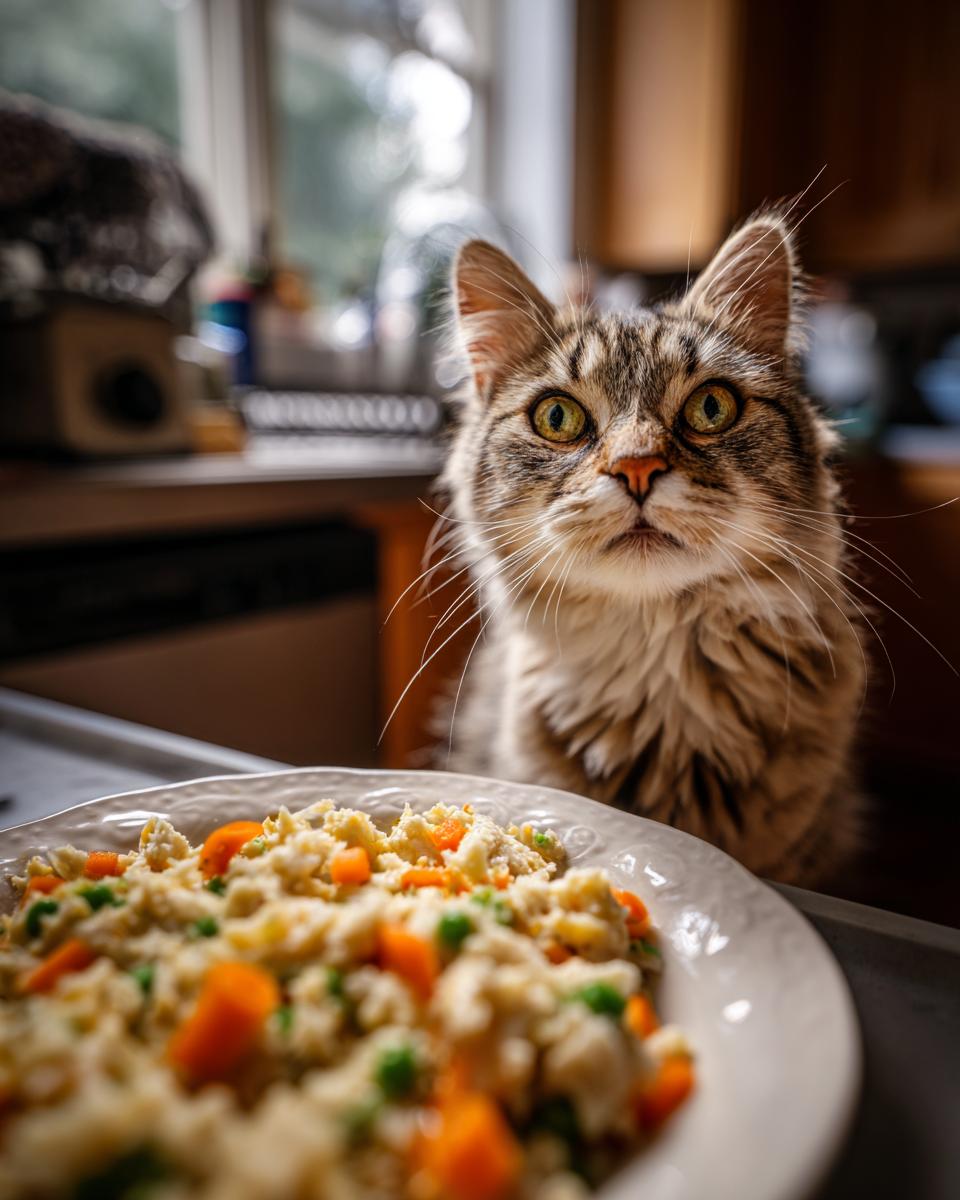 Amazing Healthy Indoor Cat Meal You'll Love 8 A cat looking intently at a plate of a healthy indoor cat meal with vegetables.