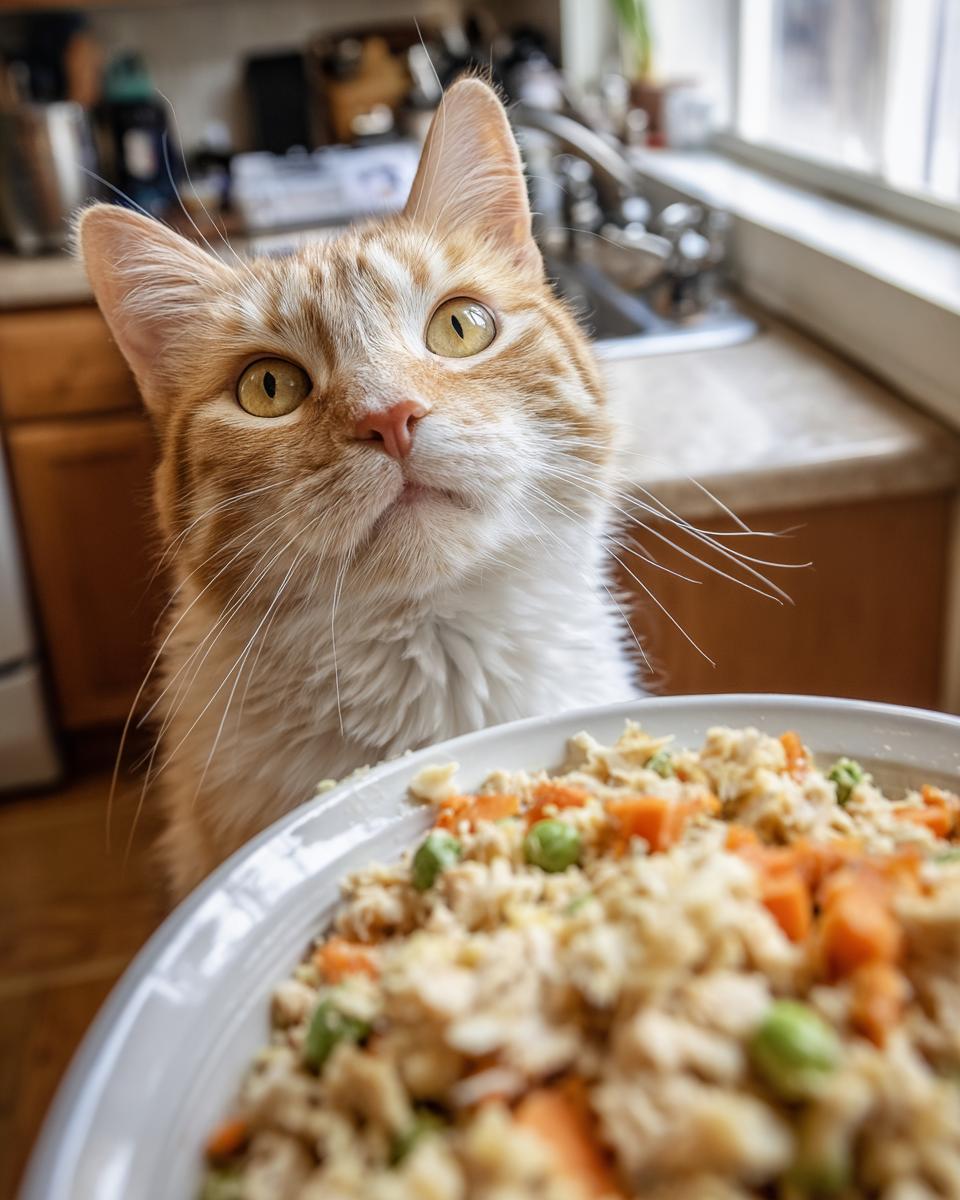 Amazing Healthy Indoor Cat Meal You'll Love 7 Orange cat looking at a bowl of healthy indoor cat meal, with carrots and peas visible.